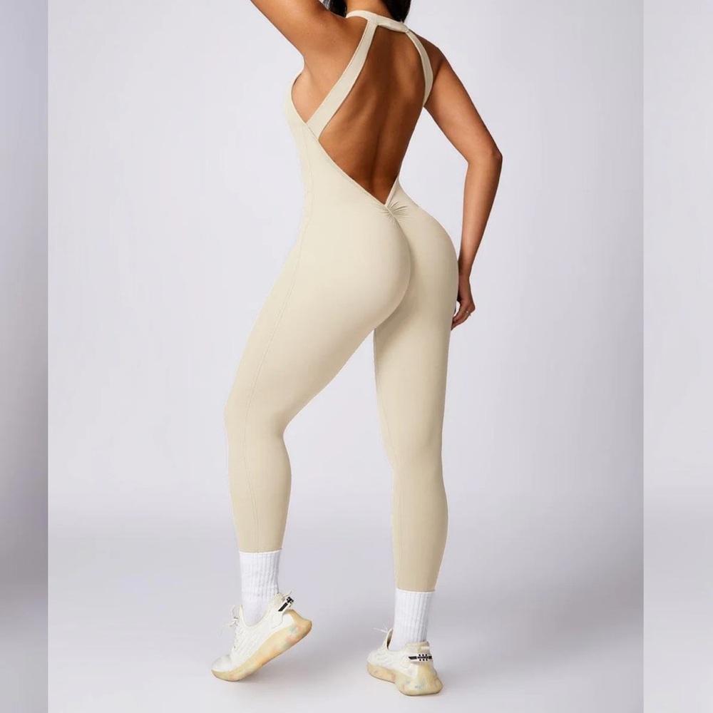 Beige High-Neck Athletic Jumpsuit